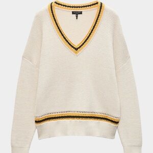 Sz L rag & bone Cream “Meghan” V-Neck Knit Sweater with Yellow and Black Trim